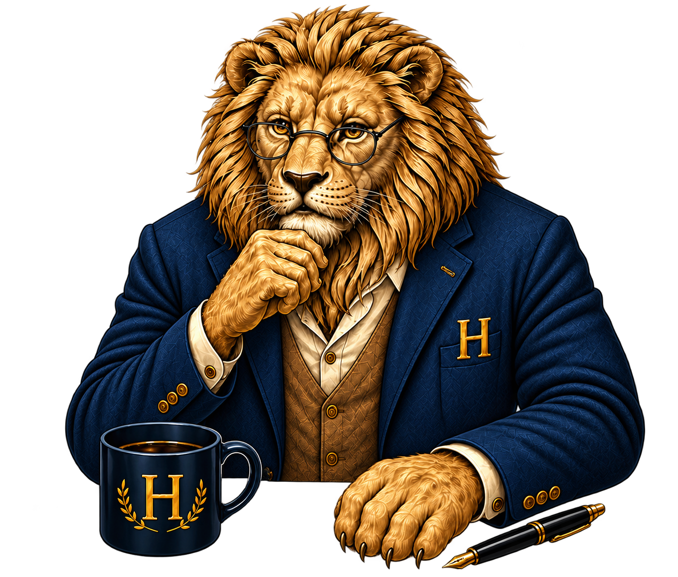 Hampio lion with coffee cup and pen
